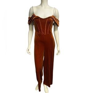 Cider Rust Orange Velvet Jumpsuit Off the Shoulder Size Medium Pearl Straps